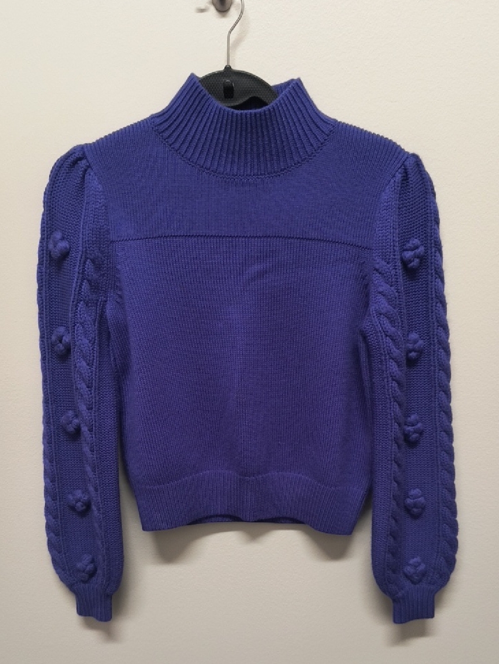 Maeve Purple Mock Neck Bobble Cable Sleeve Sweater